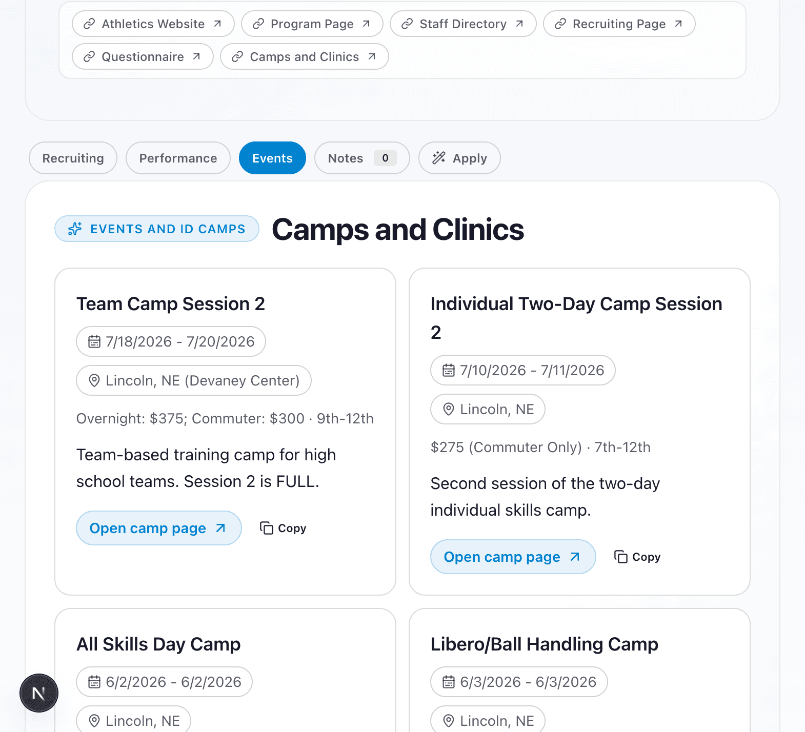 Camps and clinics recruiting data view