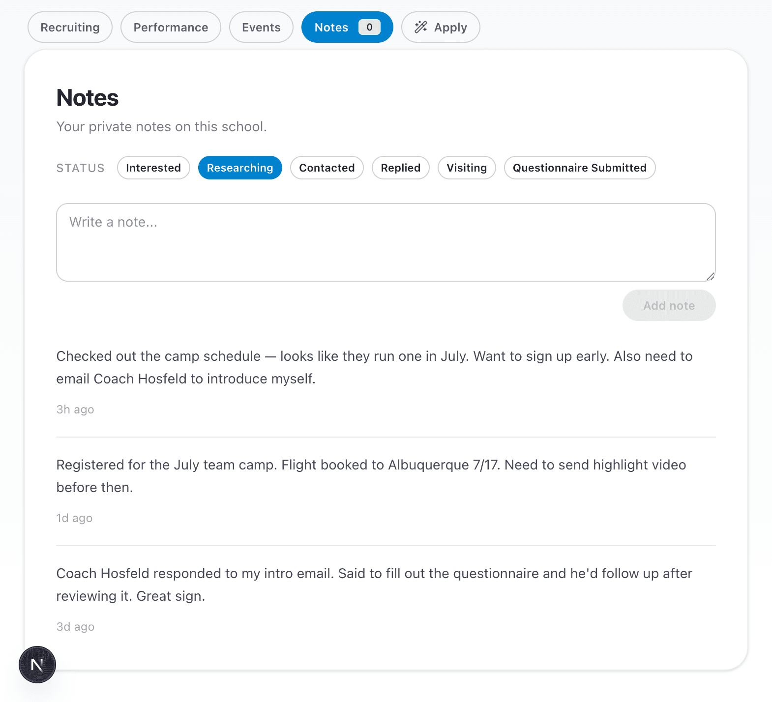 Private notes and recruiting status tracking